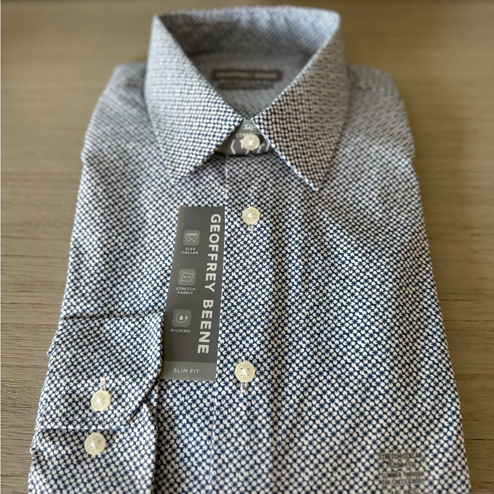 Geoffrey Beene Men's Blue and White Geometric Dress Shirt